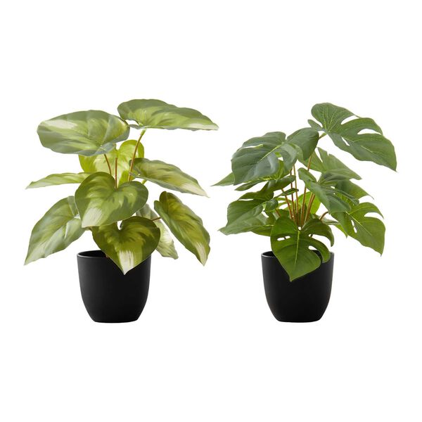 Black Green 13-Inch Indoor Table Potted Decorative Monestra Artificial Plant, Set of Two, image 1
